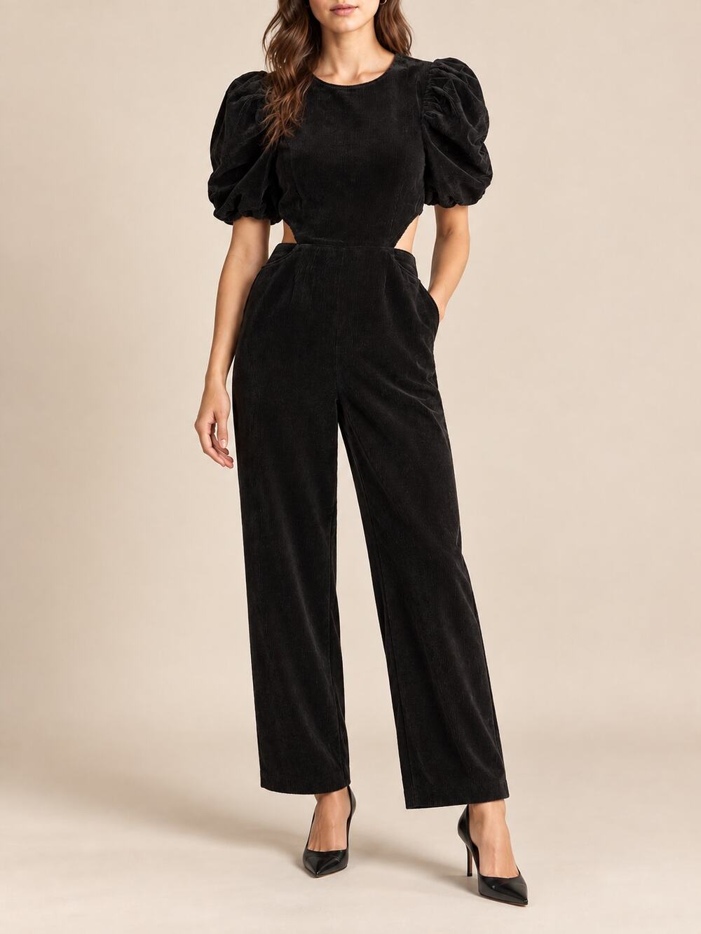 Sofie The Label Jumpsuit Womens Small Black Corduroy Cutout Puff Sleeve Party